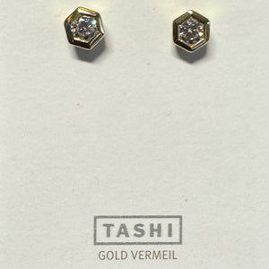 Bezel-Set Hexagon CZ Stud Gold Vermeil Earrings
