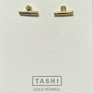 Tiny Bar with Side CZ Stud 14k Gold Vermeil Earrings