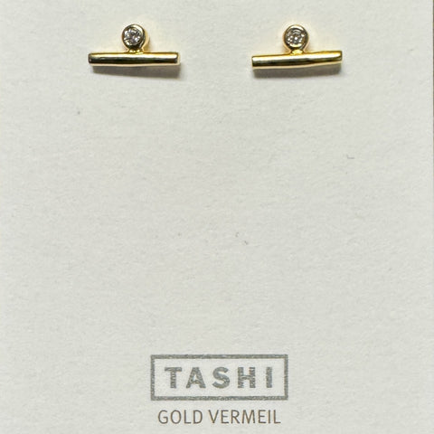 Tiny Bar with Side CZ Stud 14k Gold Vermeil Earrings
