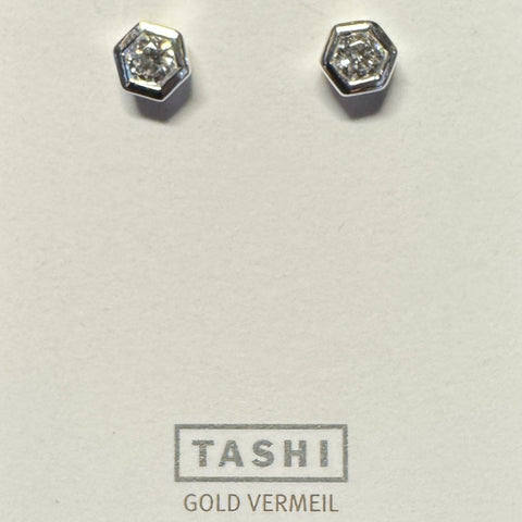 Bezel-Set Hexagon CZ Stud Sterling Silver Earring