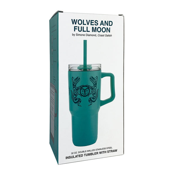 Insulated Tumbler with Straw (Wolves and Full Moon) 32 oz