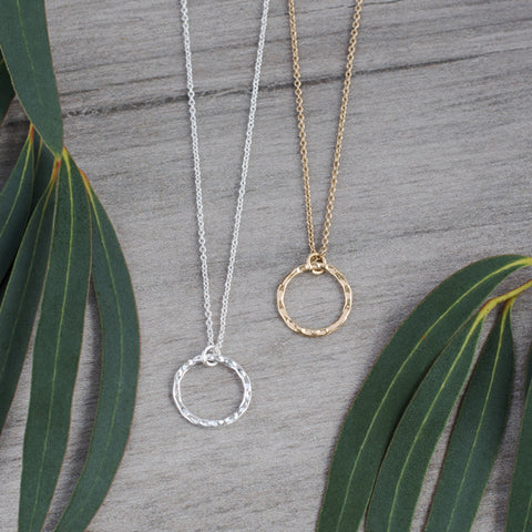 Simple Circle hammered necklace- Sterling plated